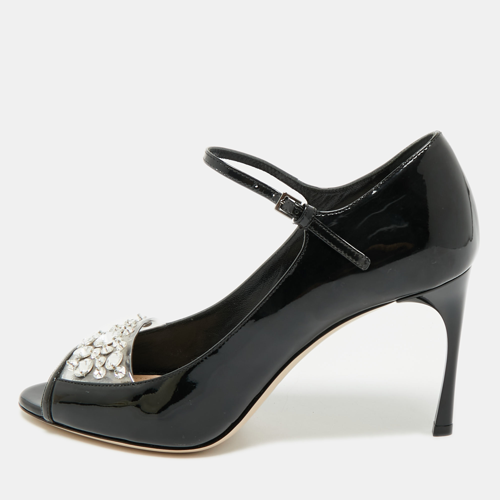 miu miu black patent leather crystal embellished  peep toe pumps size 37.5