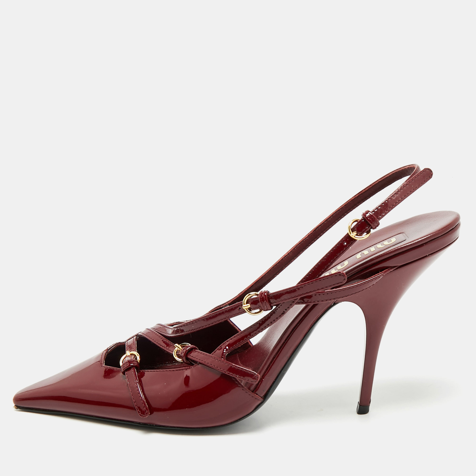 miu miu burgundy patent leather pointed toe buckle slingback pumps size 39.5