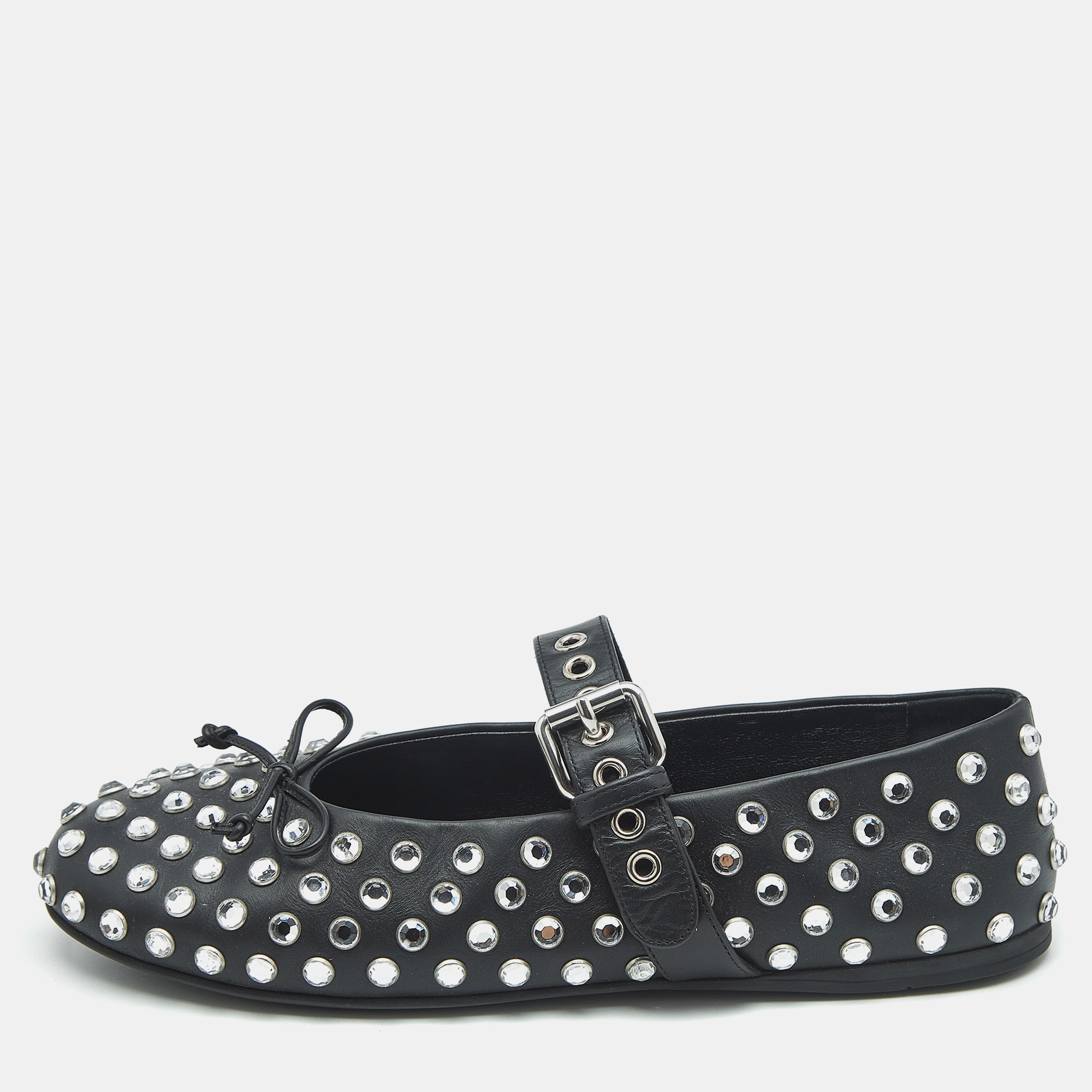 miu miu black leather crystal embellished ballet flats size 37.5