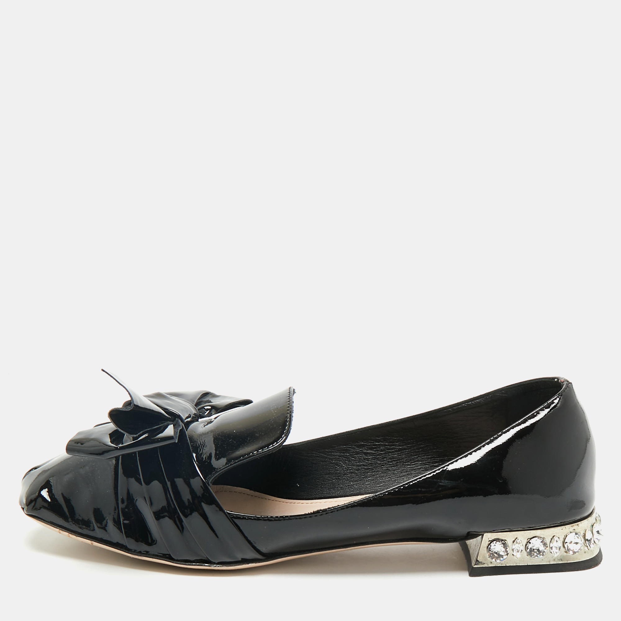 miu miu black patent leather crystals embellished bow ballet flats size 41