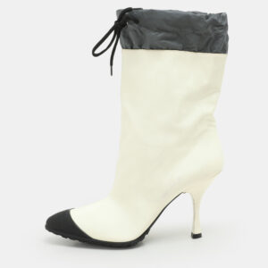 miu miu cream/grey patent leather and nylon ankle length boots size 41
