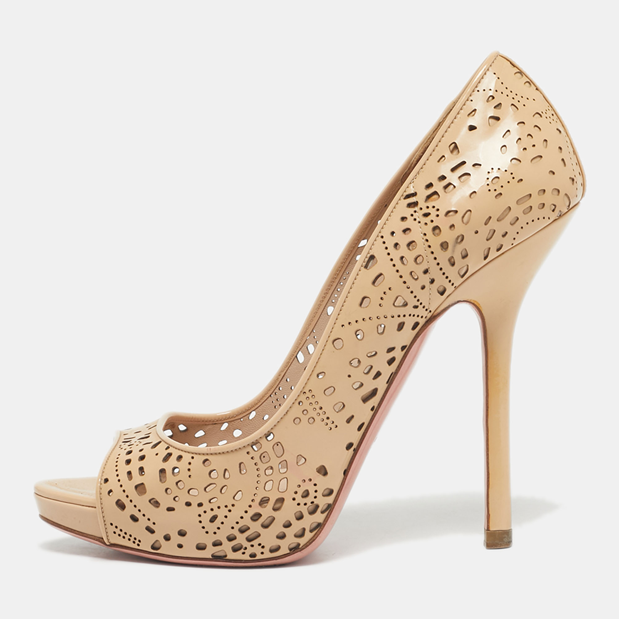 miu miu beige patent leather laser cut peep toe pumps size 37.5