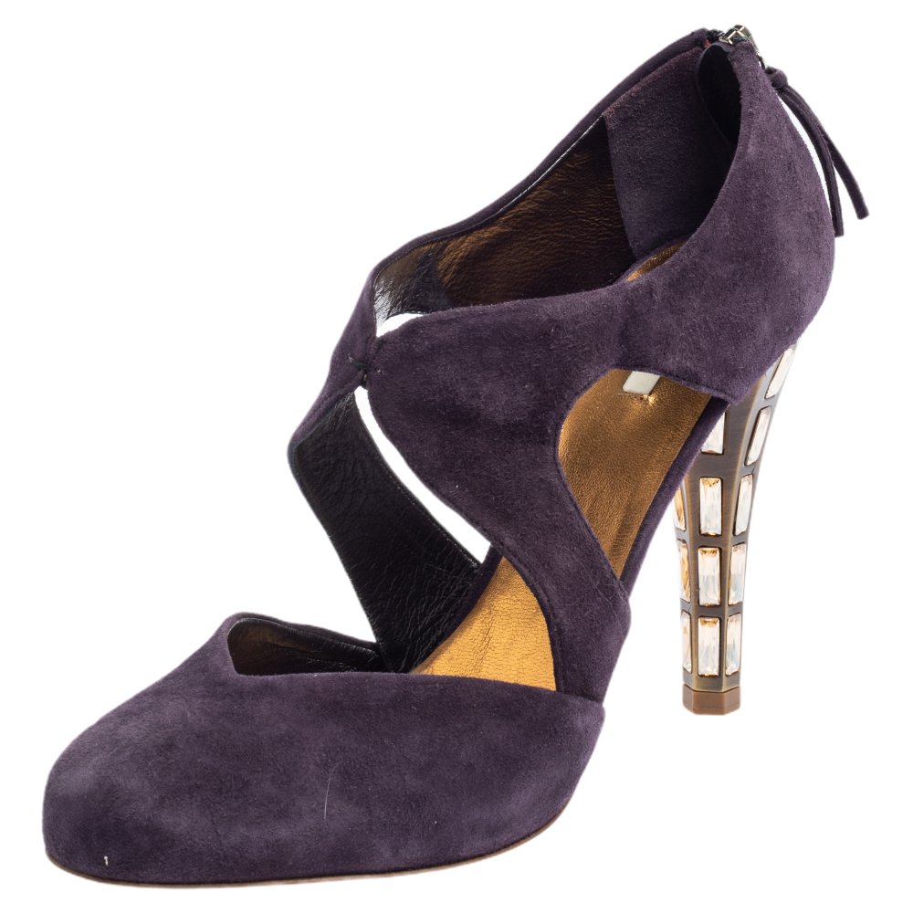 luxury-women-miu-miu-used-shoes-p461293-008.jpg Miu Miu Purple Suede Cut Out Embellished Heel Round Toe Pumps Size 39.5