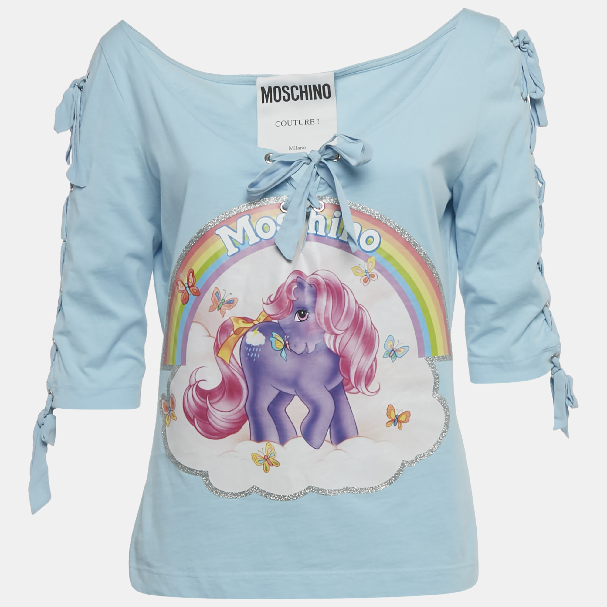 moschino couture blue pony print cotton knit lace-up detail top l
