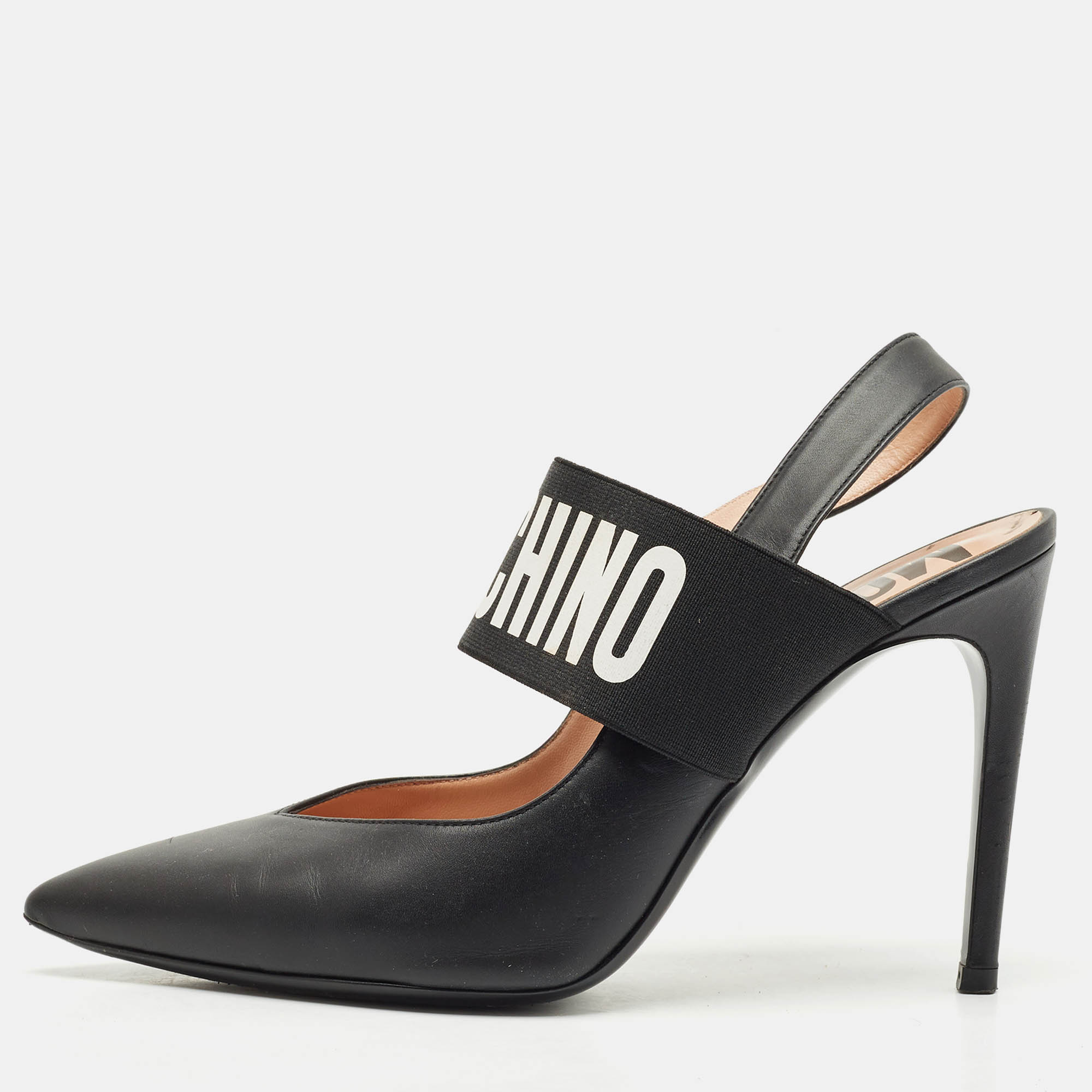 moschino black leather logo pointed toe pumps size 39