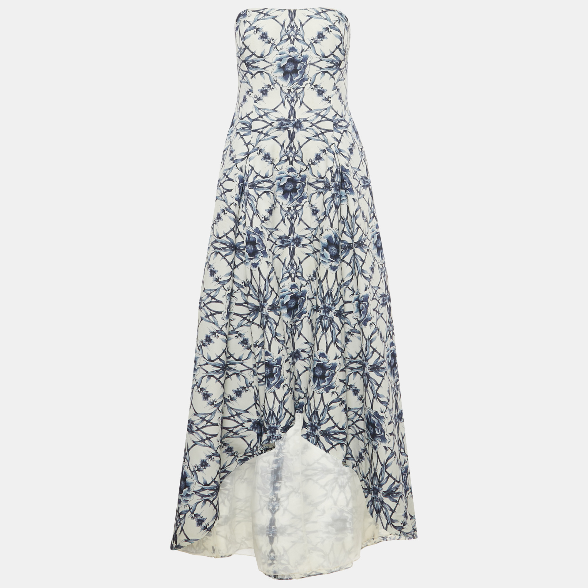 notte by marchesa white floral print cotton blend strapless high -low gown m