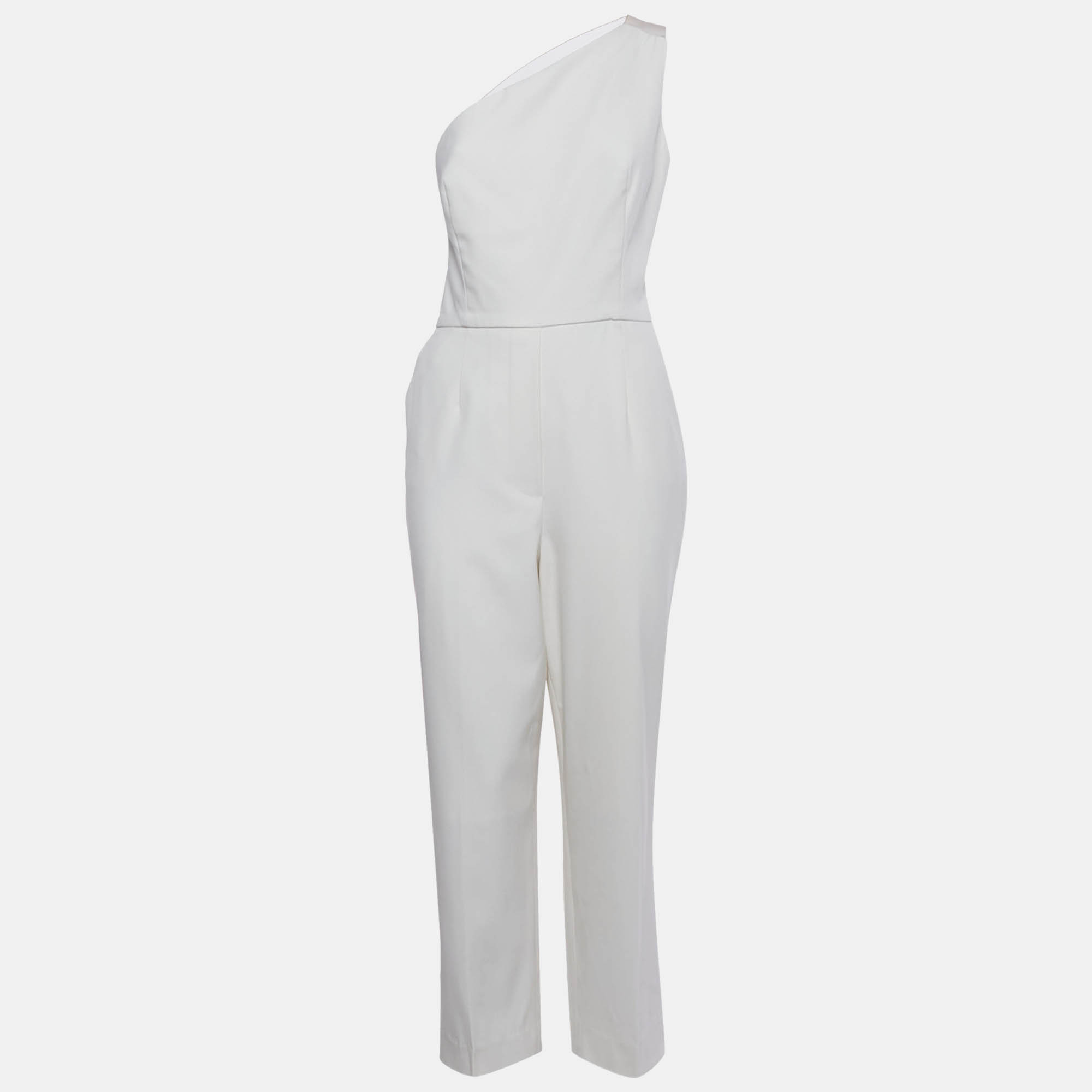 oscar de la renta white tulle trim wool one shoulder jumpsuit l