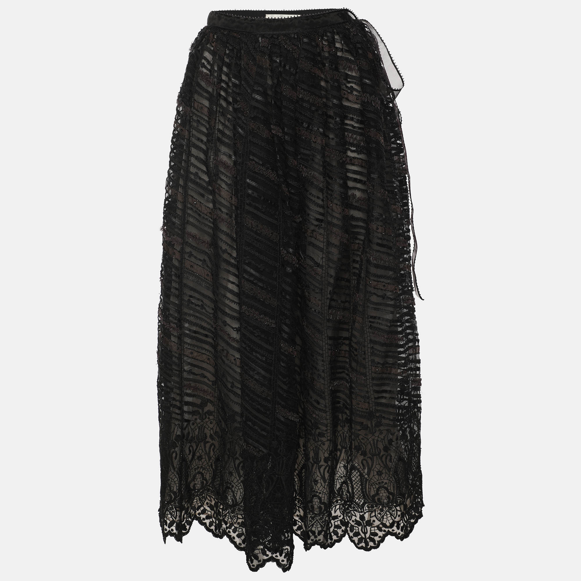 oscar de la renta black lace and leather midi skirt m