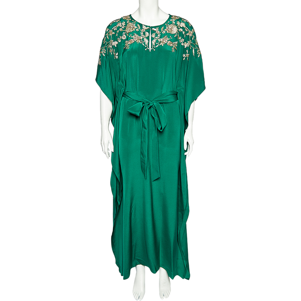 luxury-women-oscar-de-la-rentaslug-used-clothes-p532813-001.jpg Oscar de la Renta Green Silk Embellished Belted Kaftan Dress M