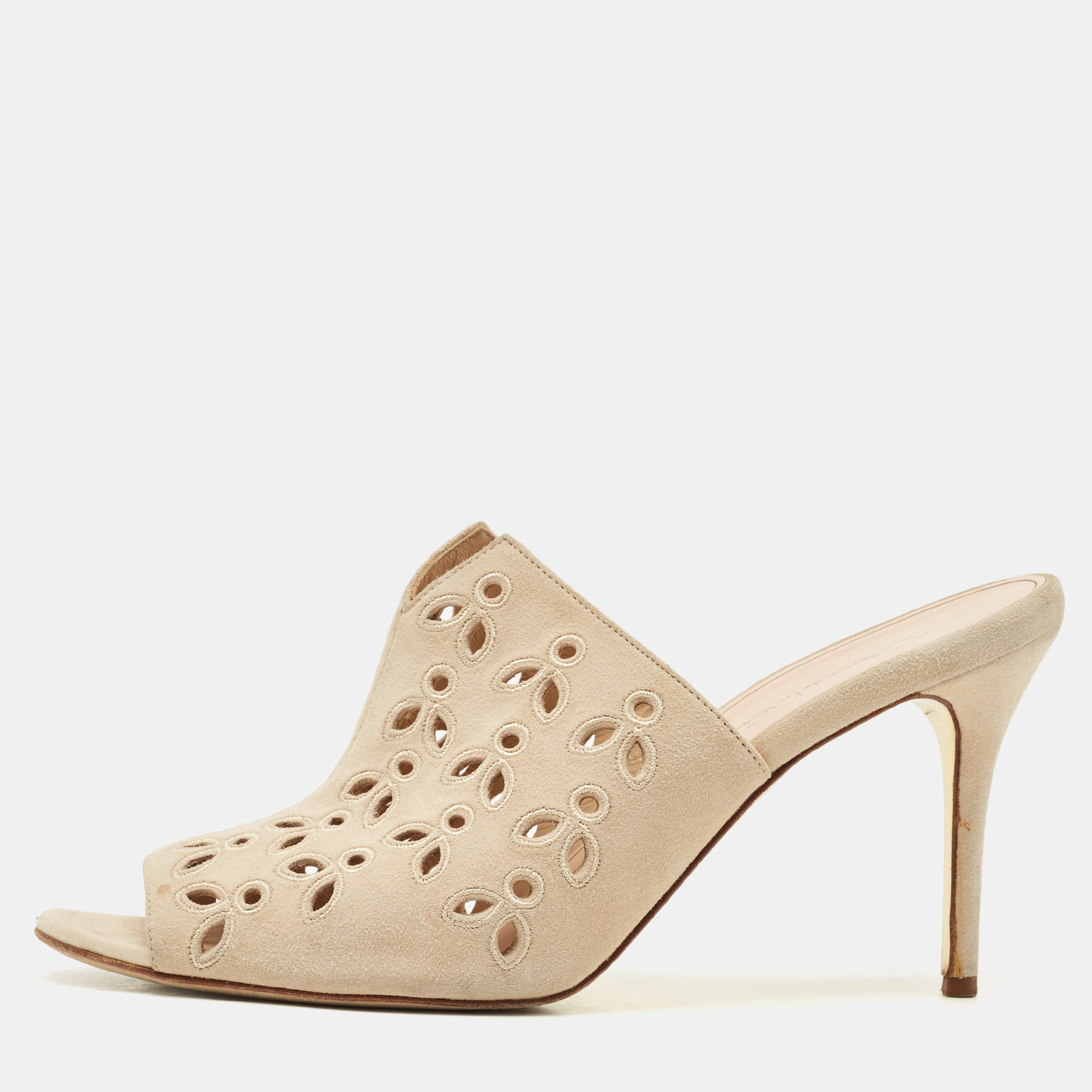 oscar de la renta beige suede floral cut out sandals size 40