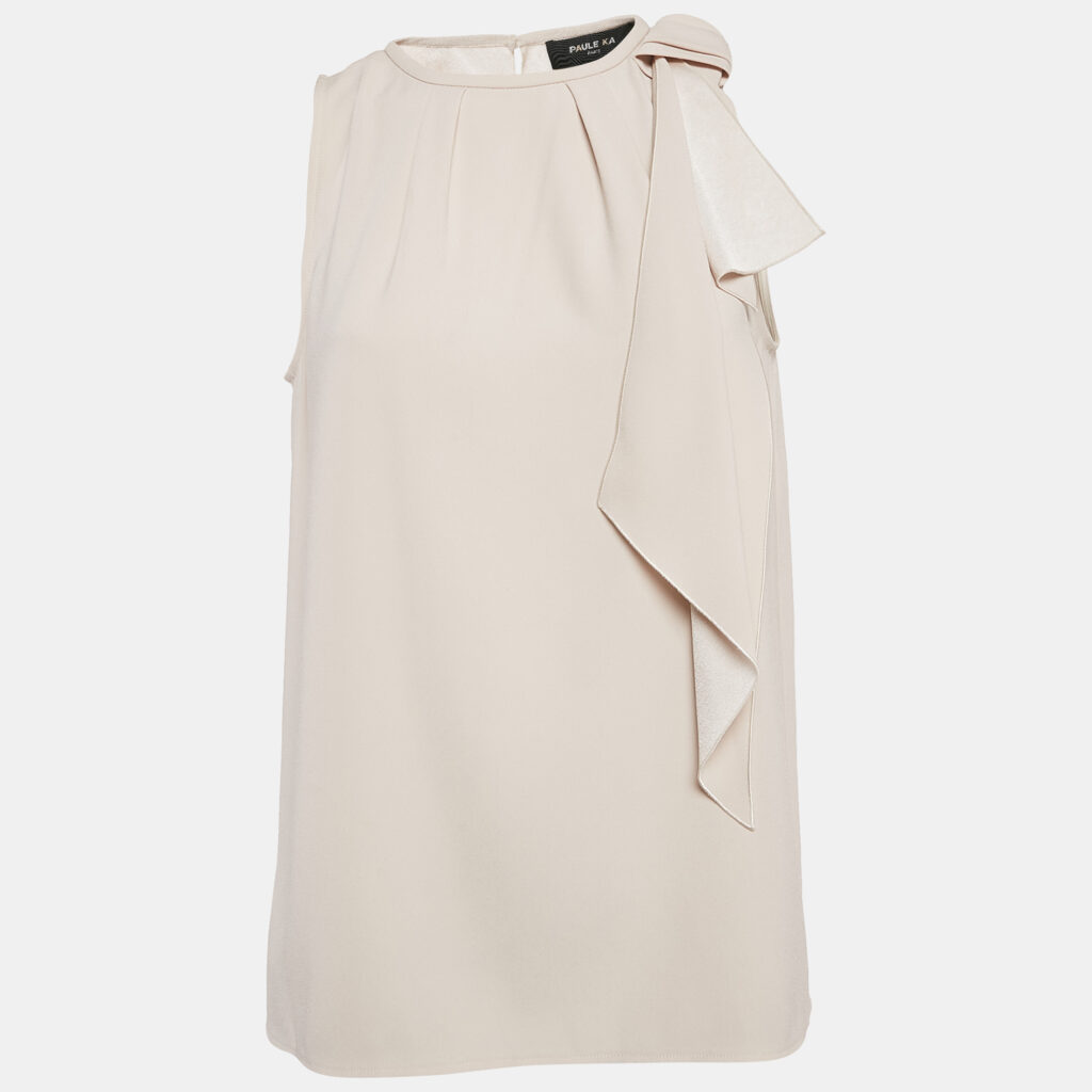 Paule Ka Beige Satin Bow Detail Sleeveless Top M