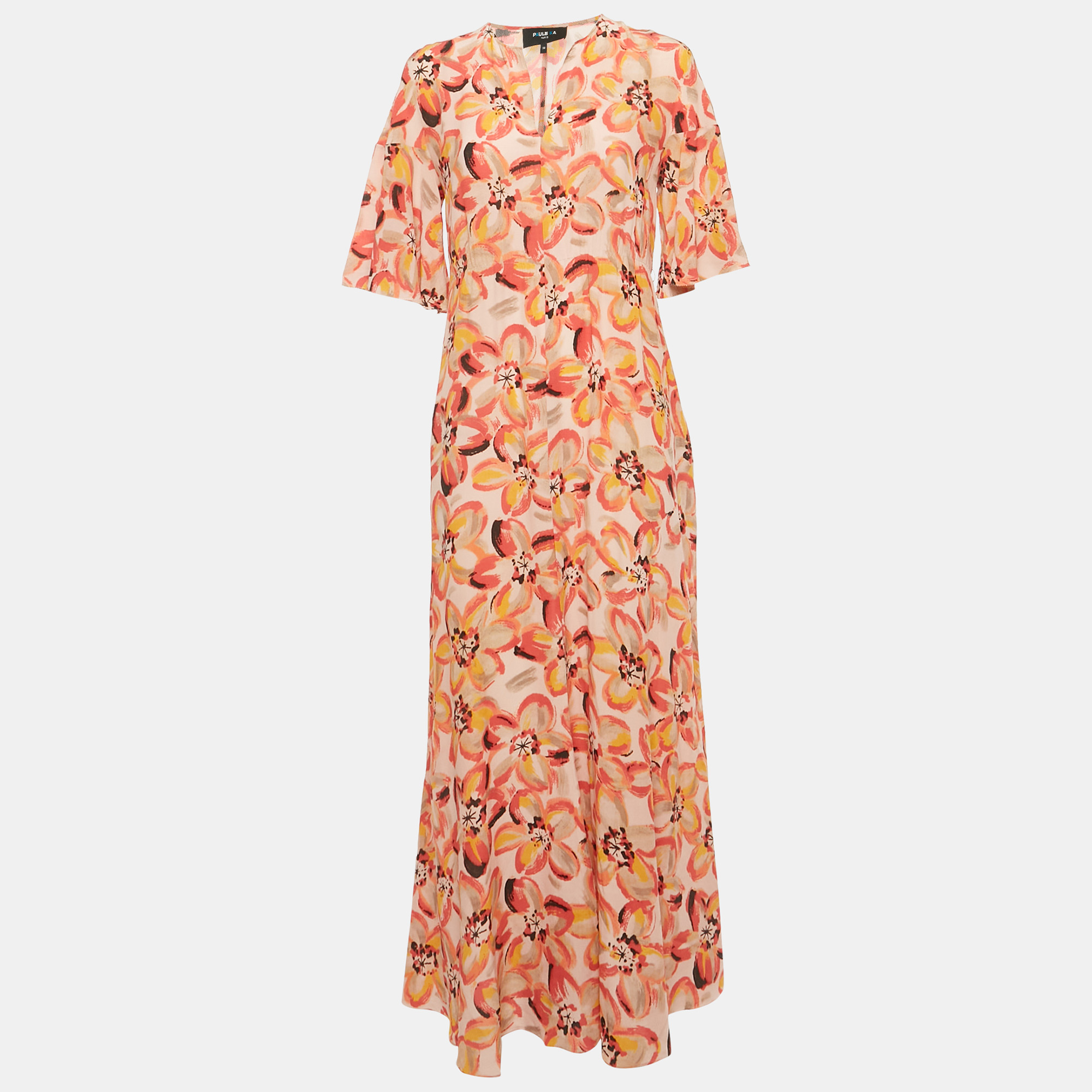 paule ka pink floral print silk ruffled sleeve maxi dress m