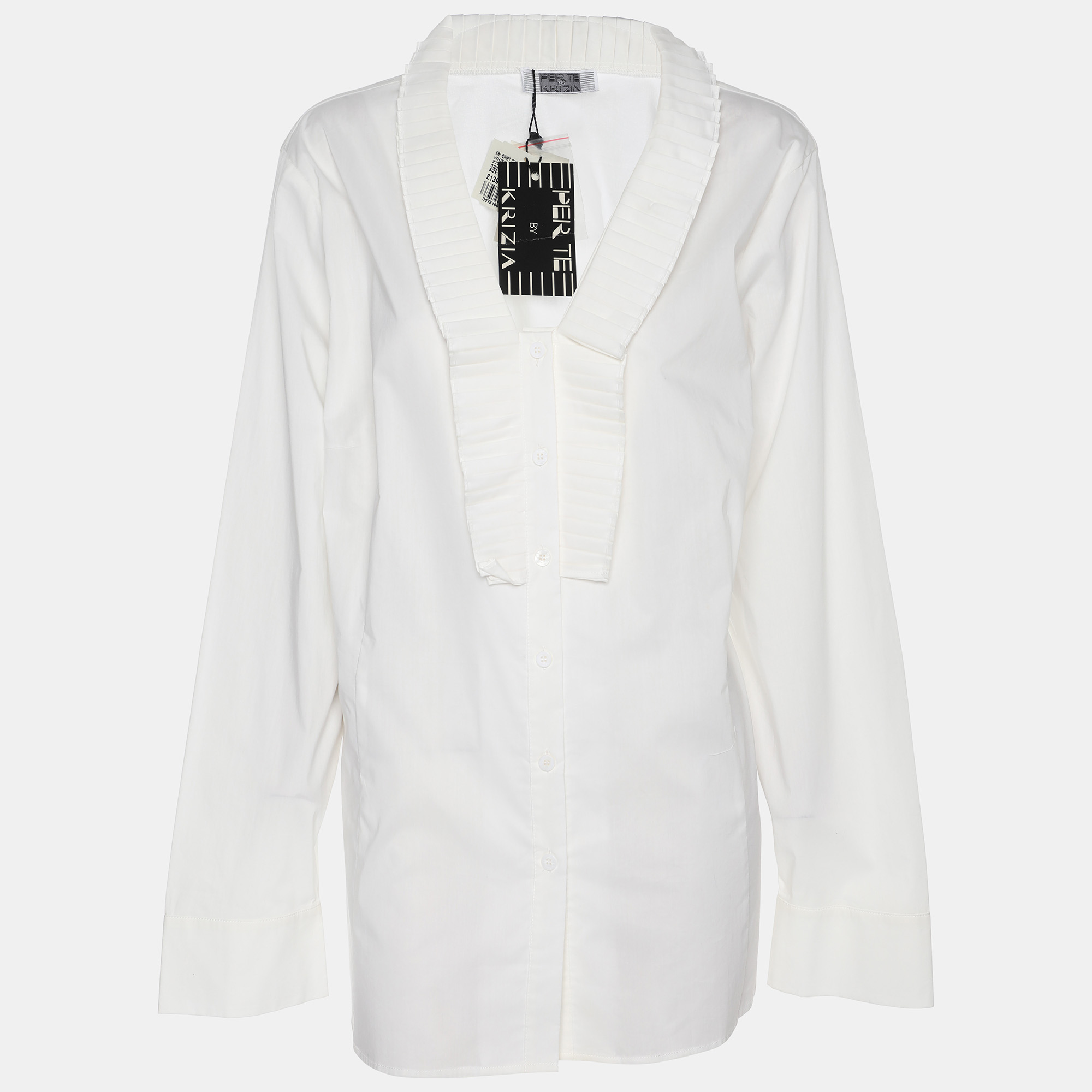 perte by krizia white cotton blend ruffle front long sleeve shirt l