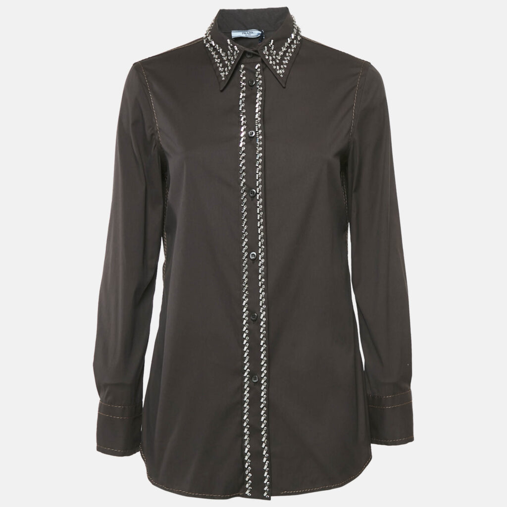 Prada Cacao Brown Embellished Poplin Button Front Shirt M