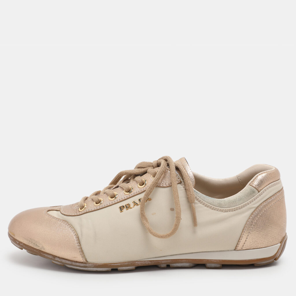 luxury-women-prada-sport-used-shoes-p1094080-007.jpg Prada Sport Beige/Gold Leather and Nylon Low Top Sneakers Size 36.5