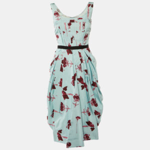 prada blue floral printed silk satin sleeveless midi dress s