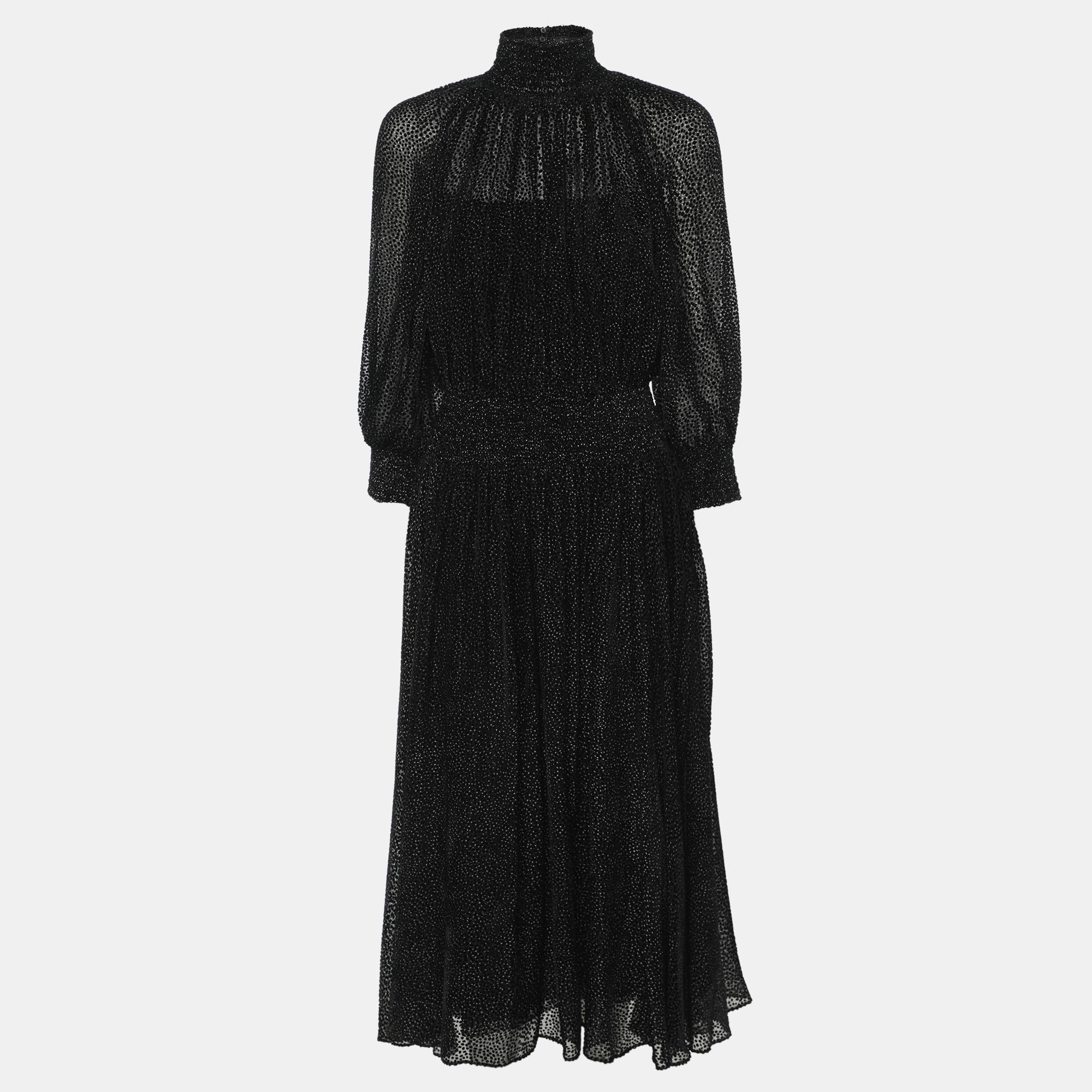 prada black polka dotted velvet silk midi dress s
