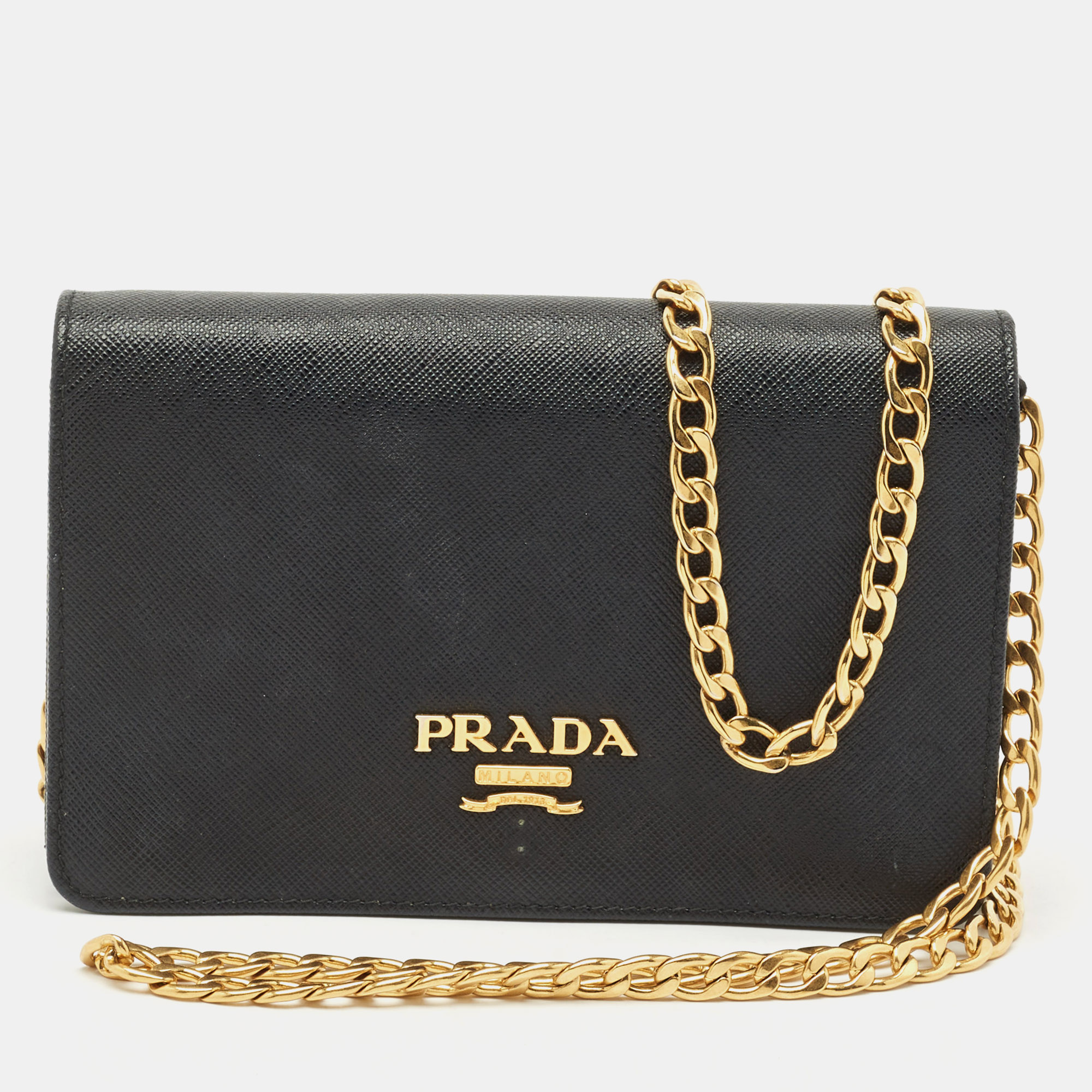 prada black saffiano leather wallet on chain
