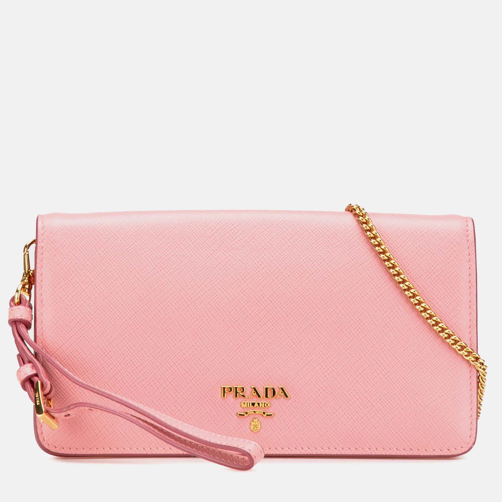 prada pink saffiano lux wallet on chain