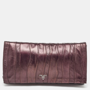 prada metallic leather stitch detail logo flap clutch