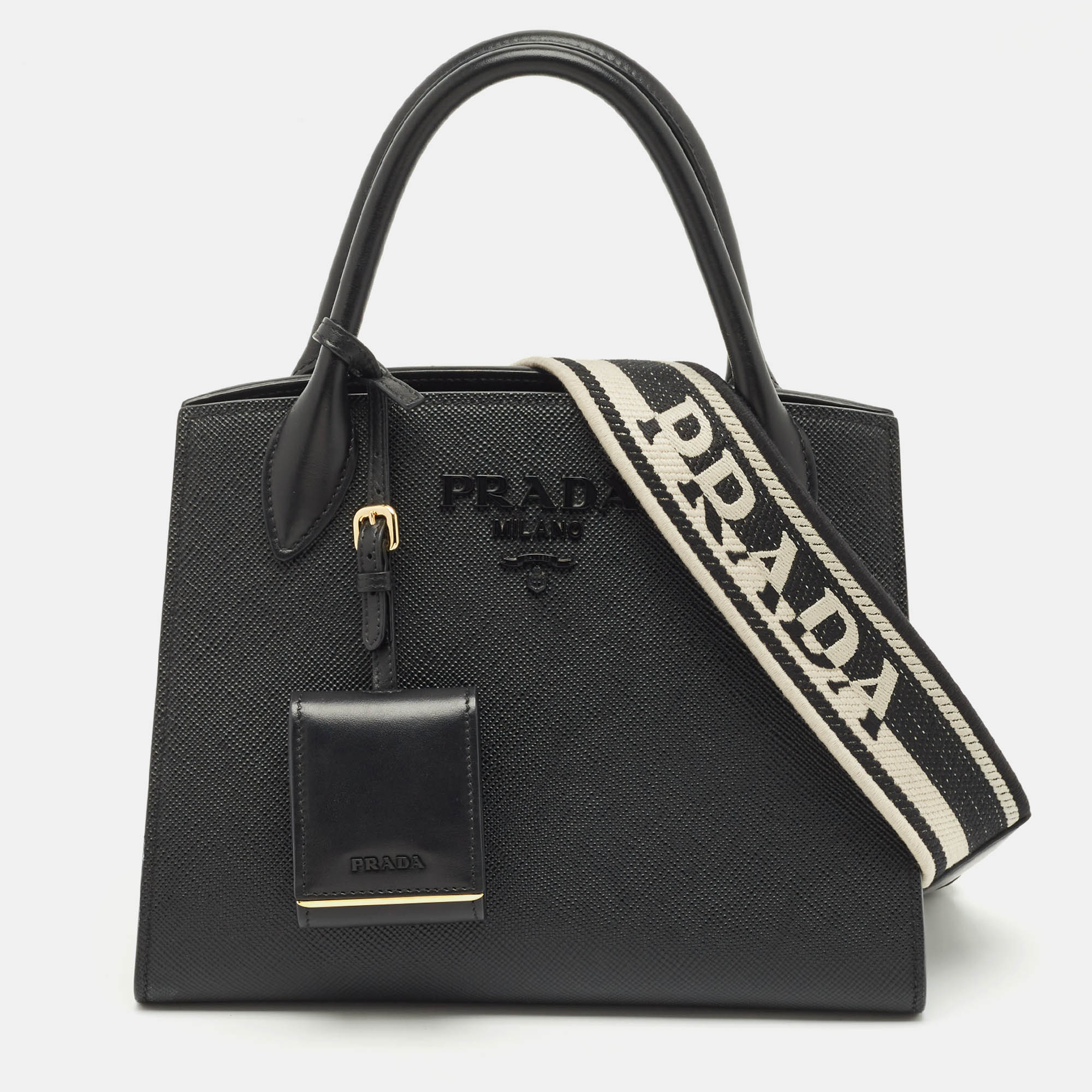 prada black saffiano cuir leather small monochrome tote