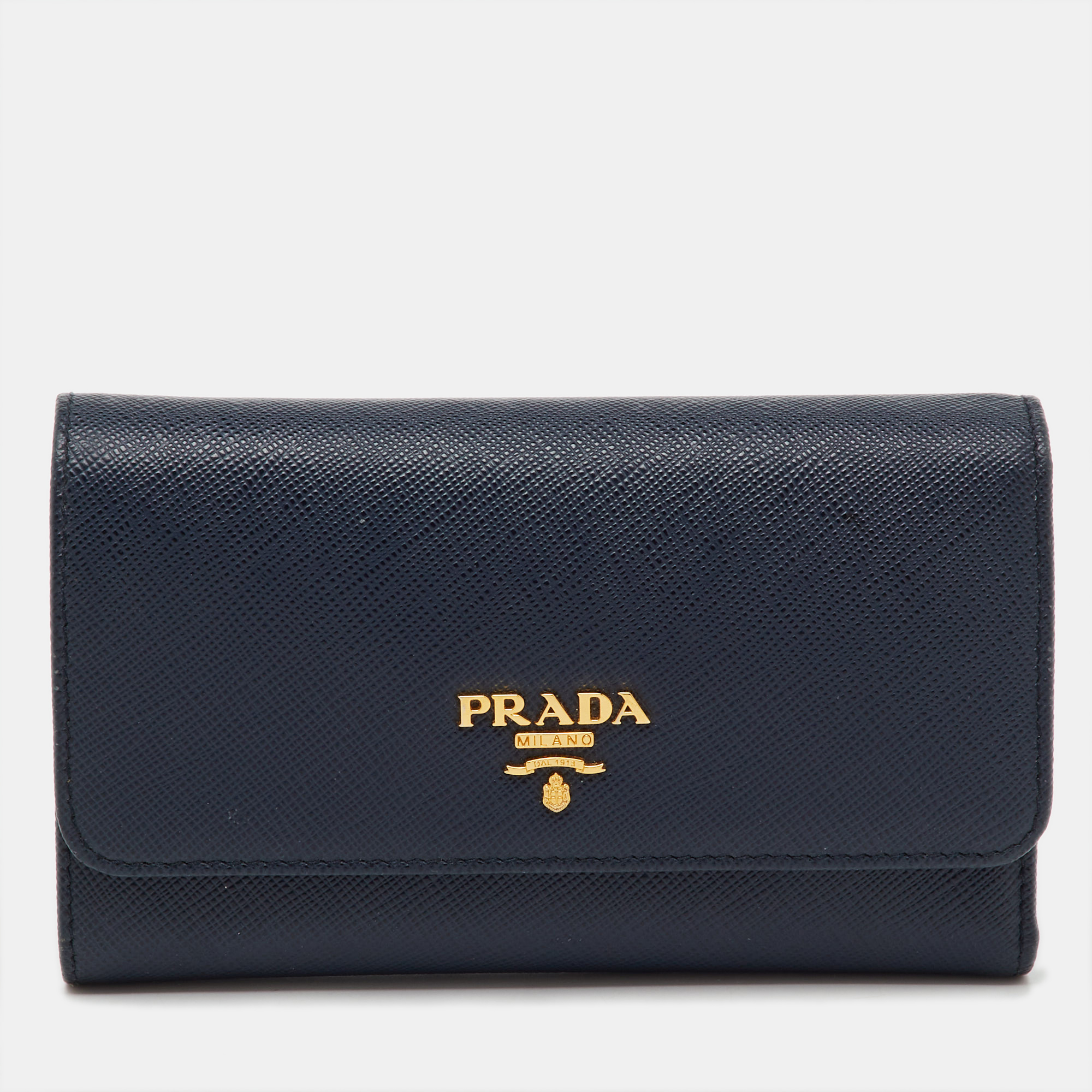 prada navy blue saffiano leather compact wallet