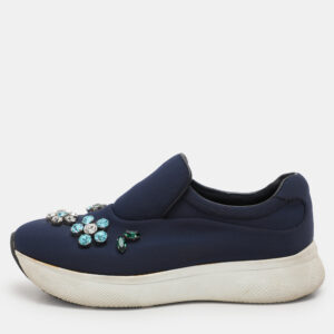 prada blue nylon catch me if you can crystal embellished slip on sneakers size 35.5