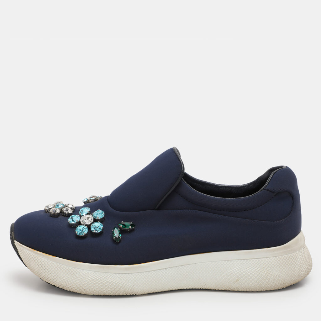 luxury-women-prada-used-shoes-p1106513-007.jpg Prada Blue Nylon Catch Me If You Can Crystal Embellished Slip On Sneakers Size 35.5