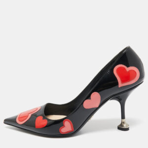 prada black patent leather love printed pointed toe pumps size 38.5