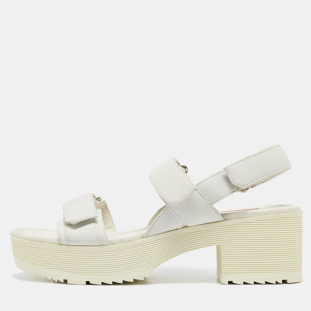 luxury-women-prada-used-shoes-p1115567-001.jpg Prada White Leather Slingback Platform Sandals Size 38.5
