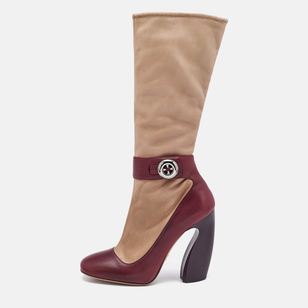 luxury-women-prada-used-shoes-p1141584-010-2.jpg Prada Beige/Burgundy Leather Mid Calf Boots Size 39