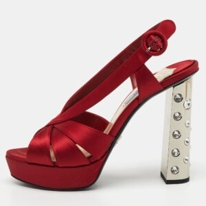 prada red satin crystal embellished heel strappy platform sandals size 39