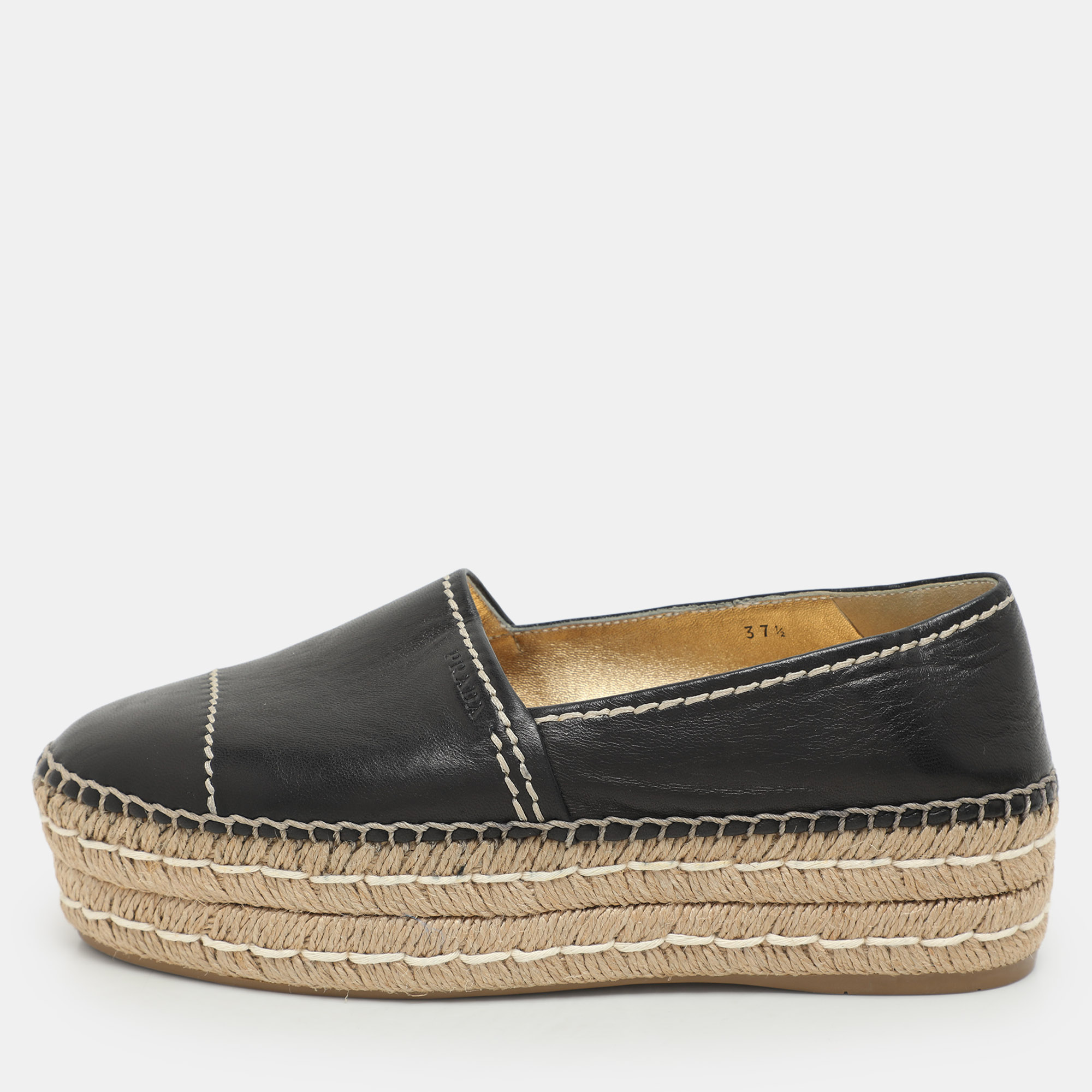prada black leather platform espadrille flats size 37.5