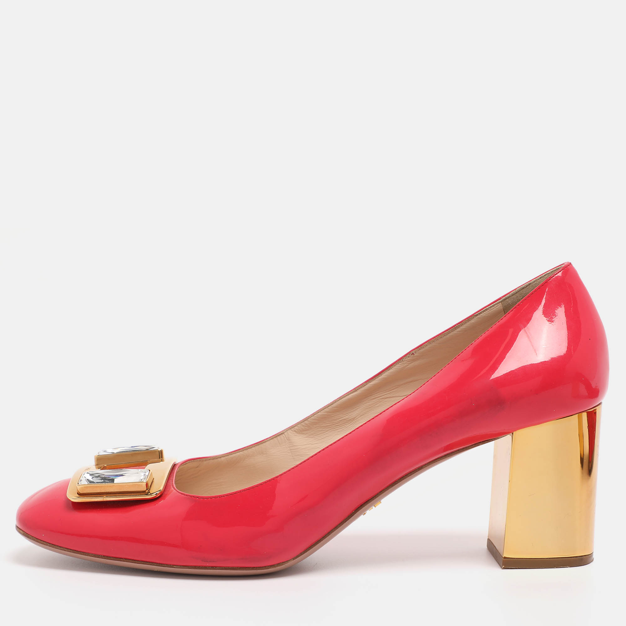 prada pink patent leather embellished square toe pumps size 41