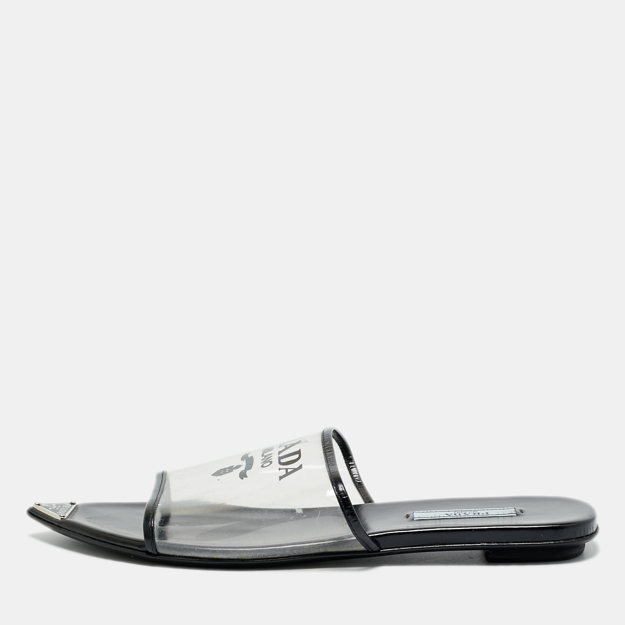prada black/transparent  pvc and leather flat slides size 37
