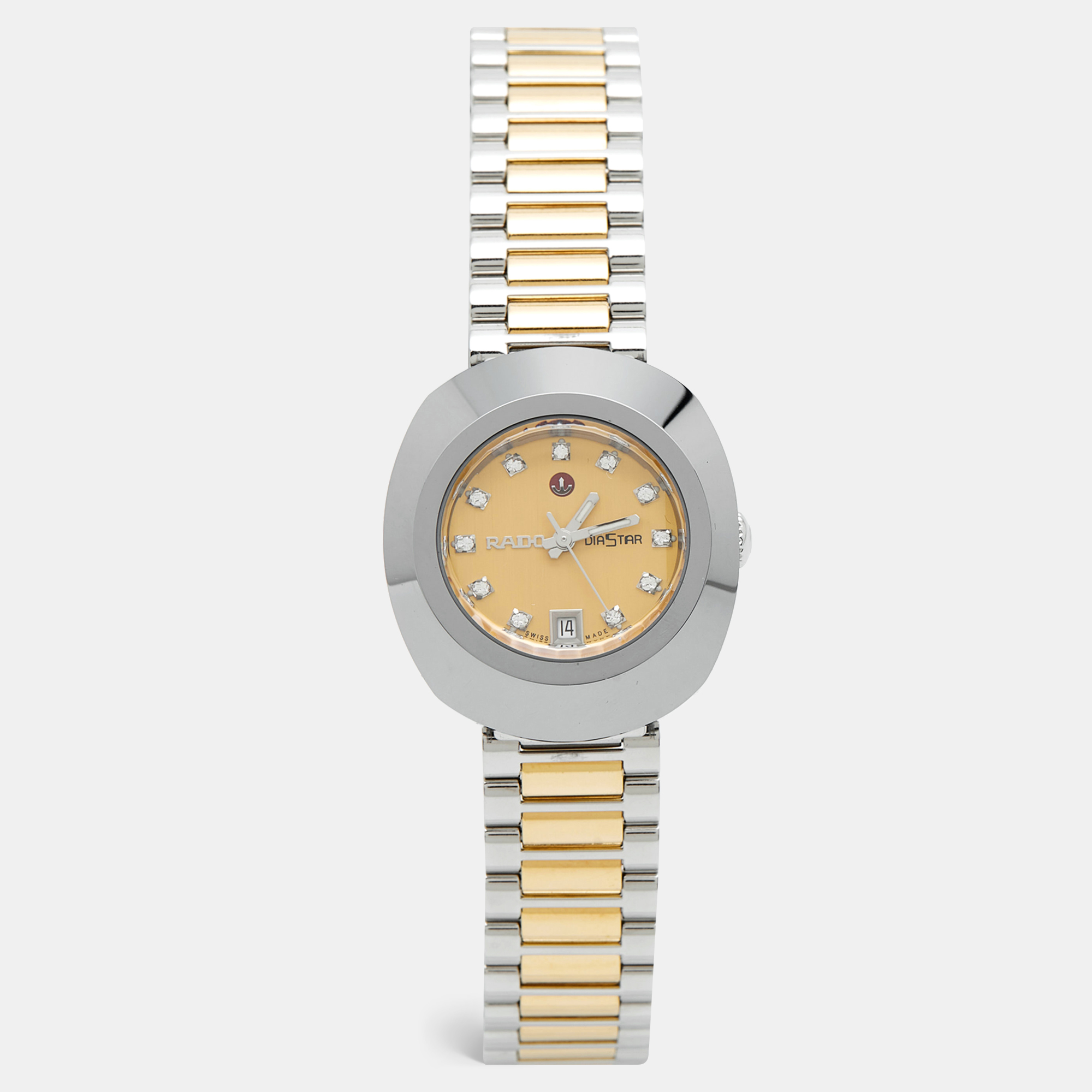 rado champagne tungsten carbide two-tone stainless steel diamond diastar r12403633 women's wristwatch 27.30 mm