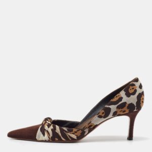 ren&eacute; caovilla brown leopard print fabric and suede knotted pointed toe pumps size 38