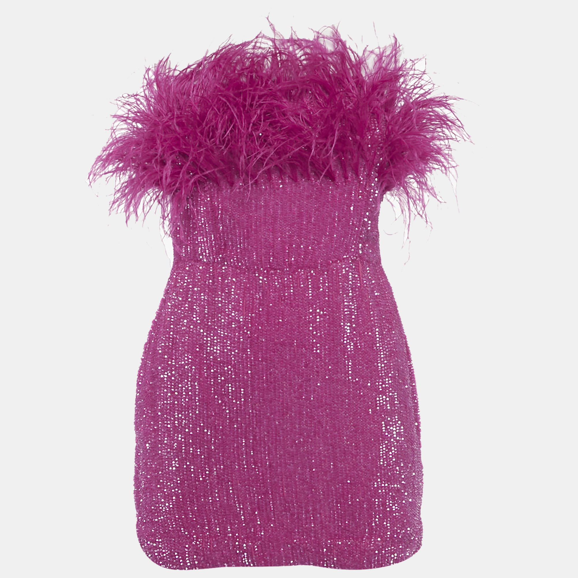 retrofete bright pink sequin embellished faux feather detail strapless mini dress s