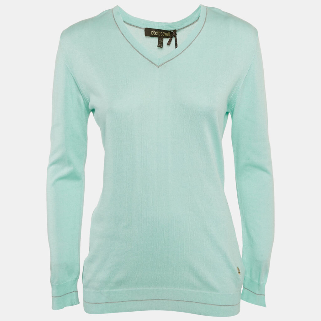 luxury-women-roberto-cavalli-new-clothes-p1133601-003.jpg Roberto Cavalli Blue Cotton V-Neck Long Sleeve Sweater XXL