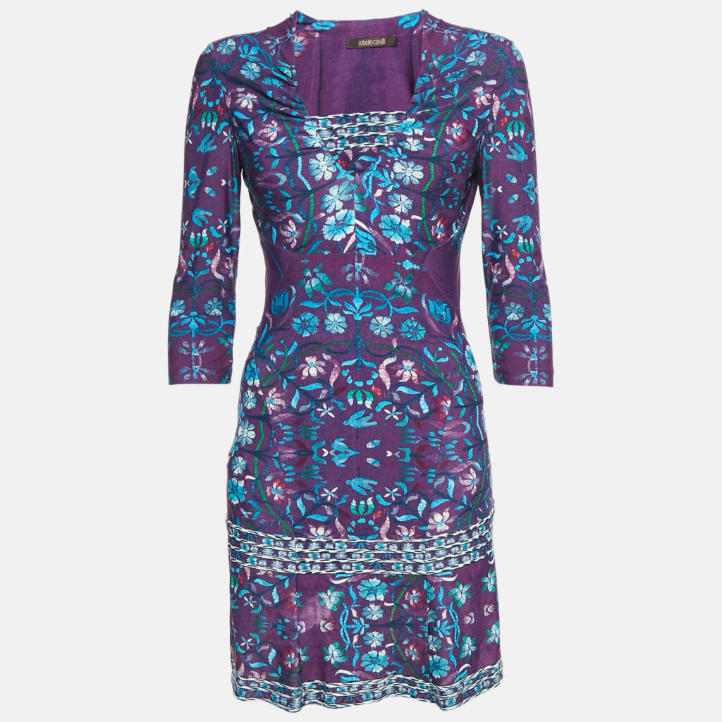 luxury-women-roberto-cavalli-used-clothes-p1094056-004.jpg Roberto Cavalli Purple Floral Print Jersey V-Neck Mini Dress M
