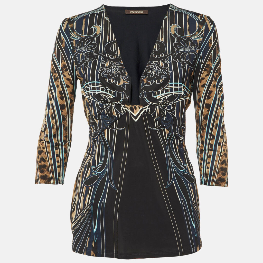 luxury-women-roberto-cavalli-used-clothes-p1120579-002.jpg Roberto Cavalli Black Printed Jersey Plunge Neck Top M