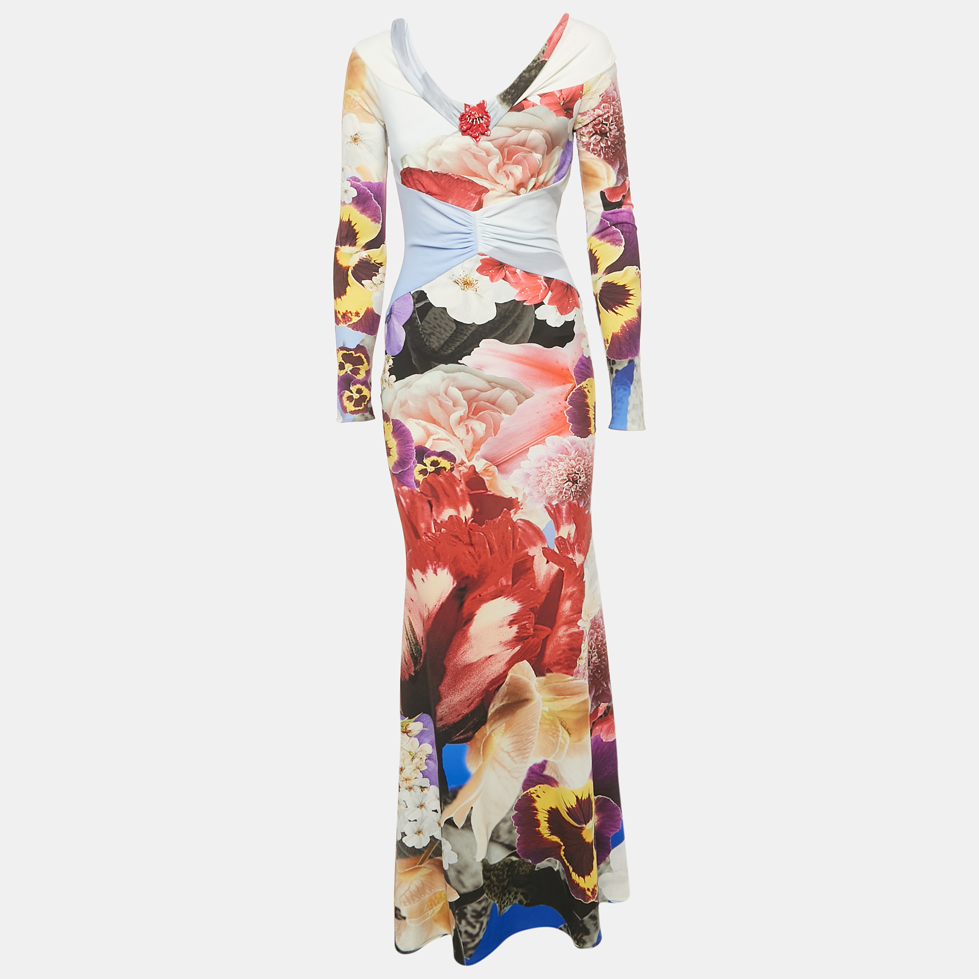 roberto cavalli multicolor floral print jersey brooch detail maxi dress s