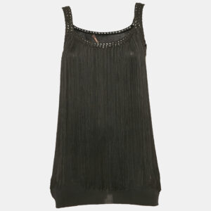 roberto cavalli black stretch knit braided fringe top l