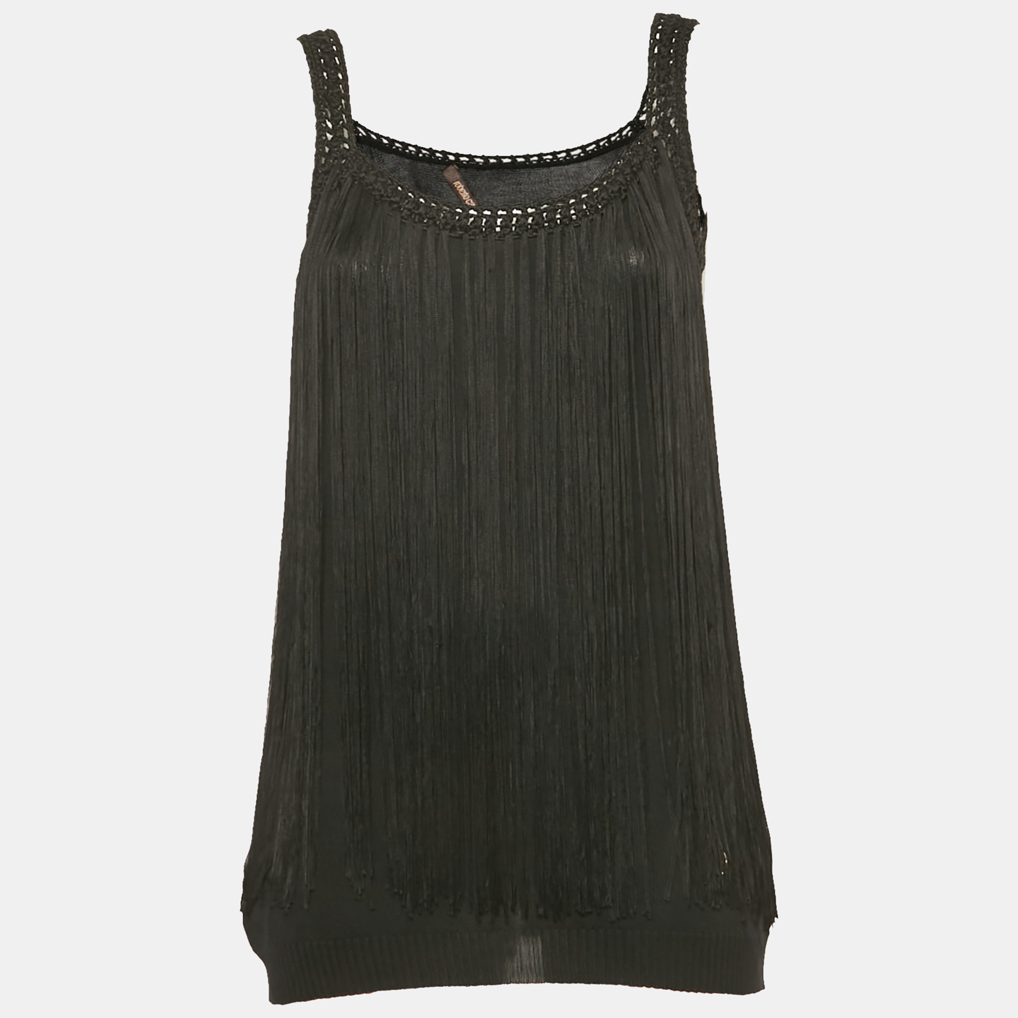 roberto cavalli black stretch knit braided fringe top l