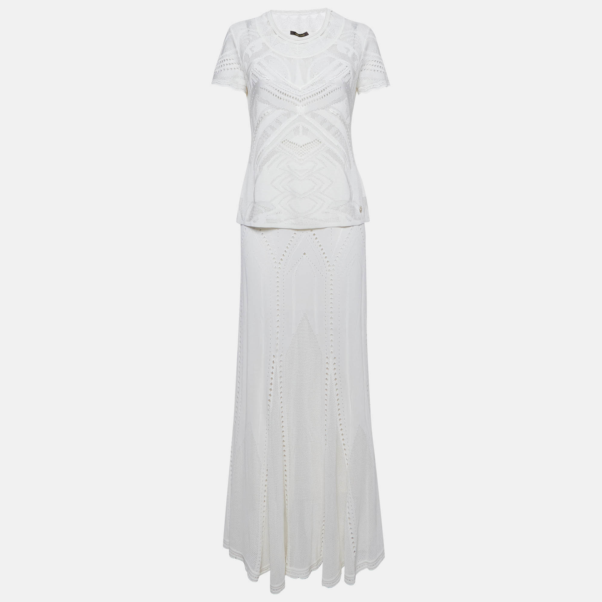 roberto cavalli white perforated knit top & maxi skirt set m
