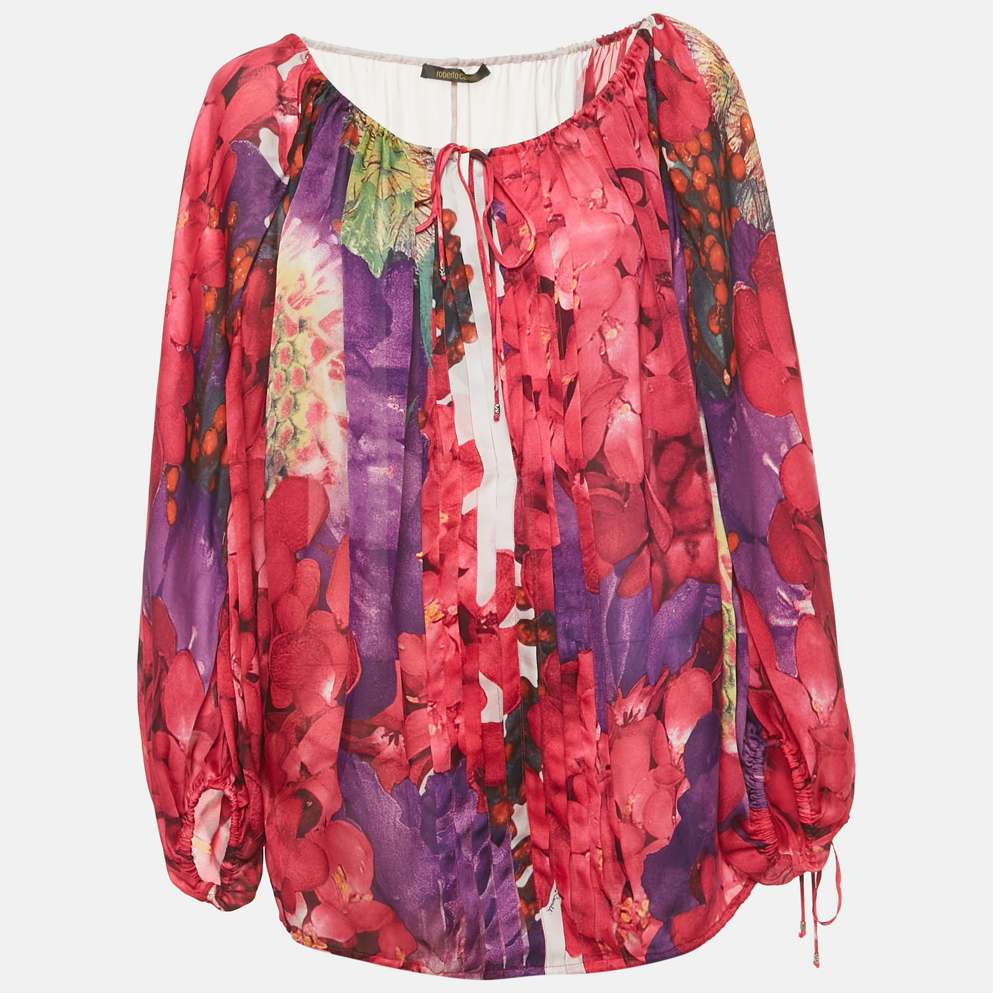 roberto cavalli pink floral print silk pleated blouse m