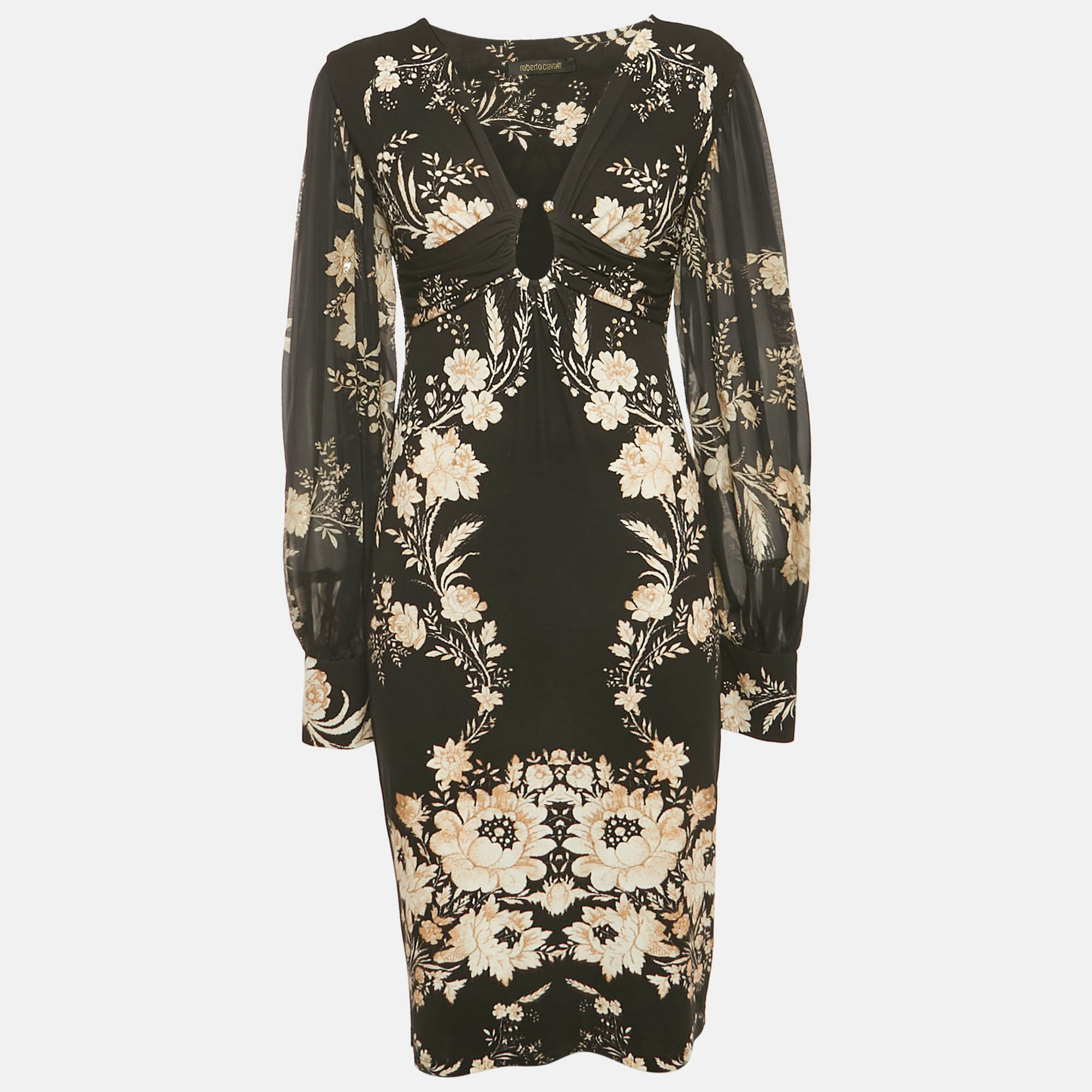 roberto cavalli black floral print jersey ruche neck short dress l