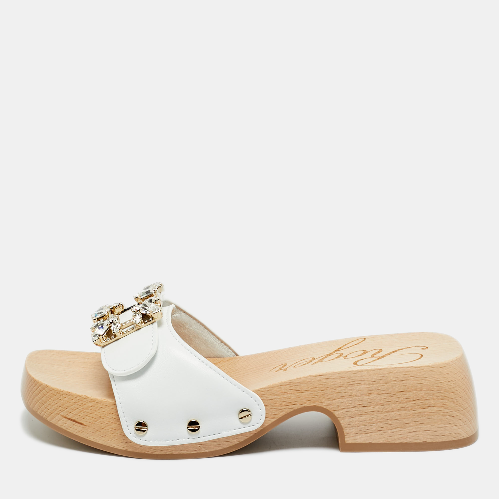 roger vivier white leather crystal embellished viv clogs size 34