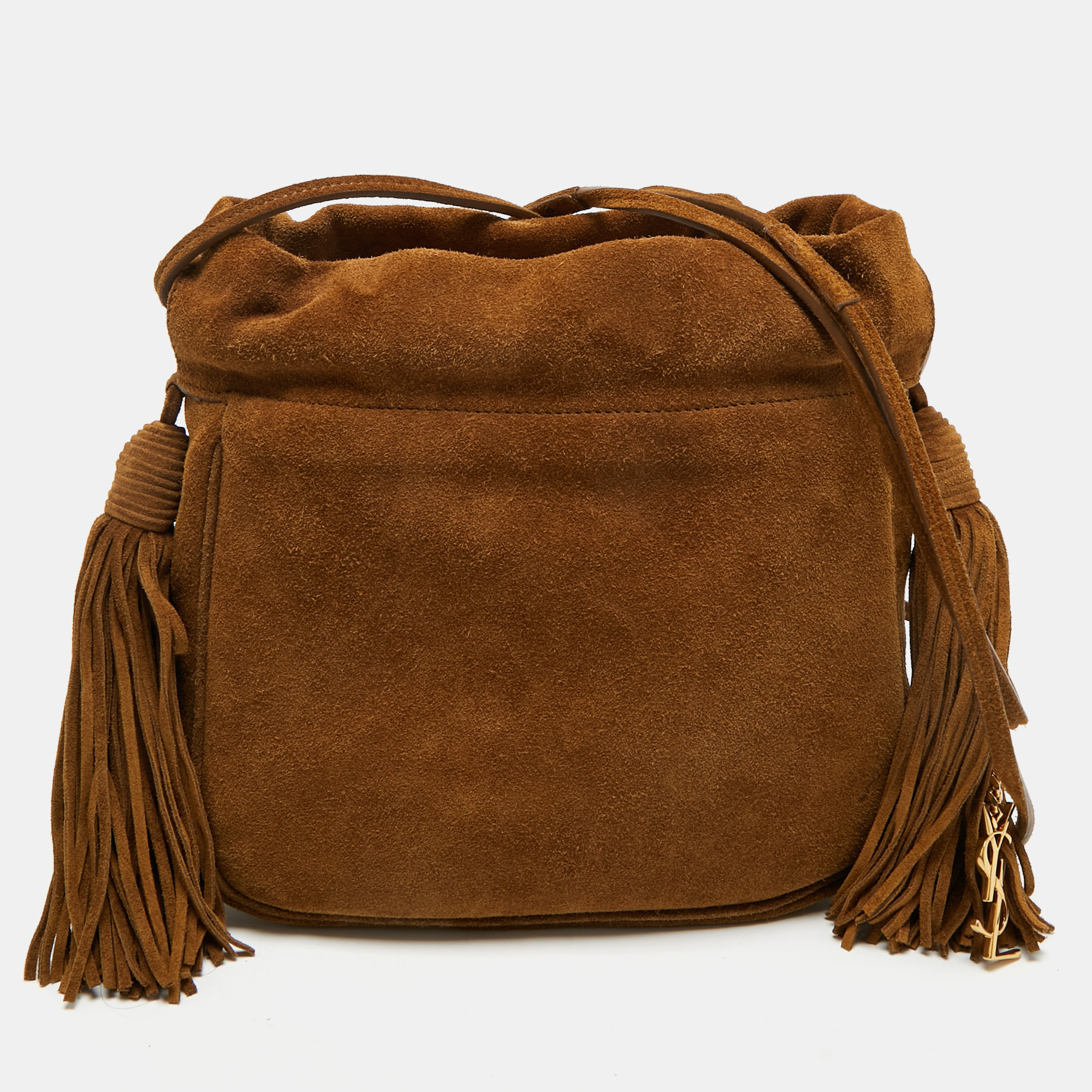 saint laurent brown suede fringe drawstring shoulder bag