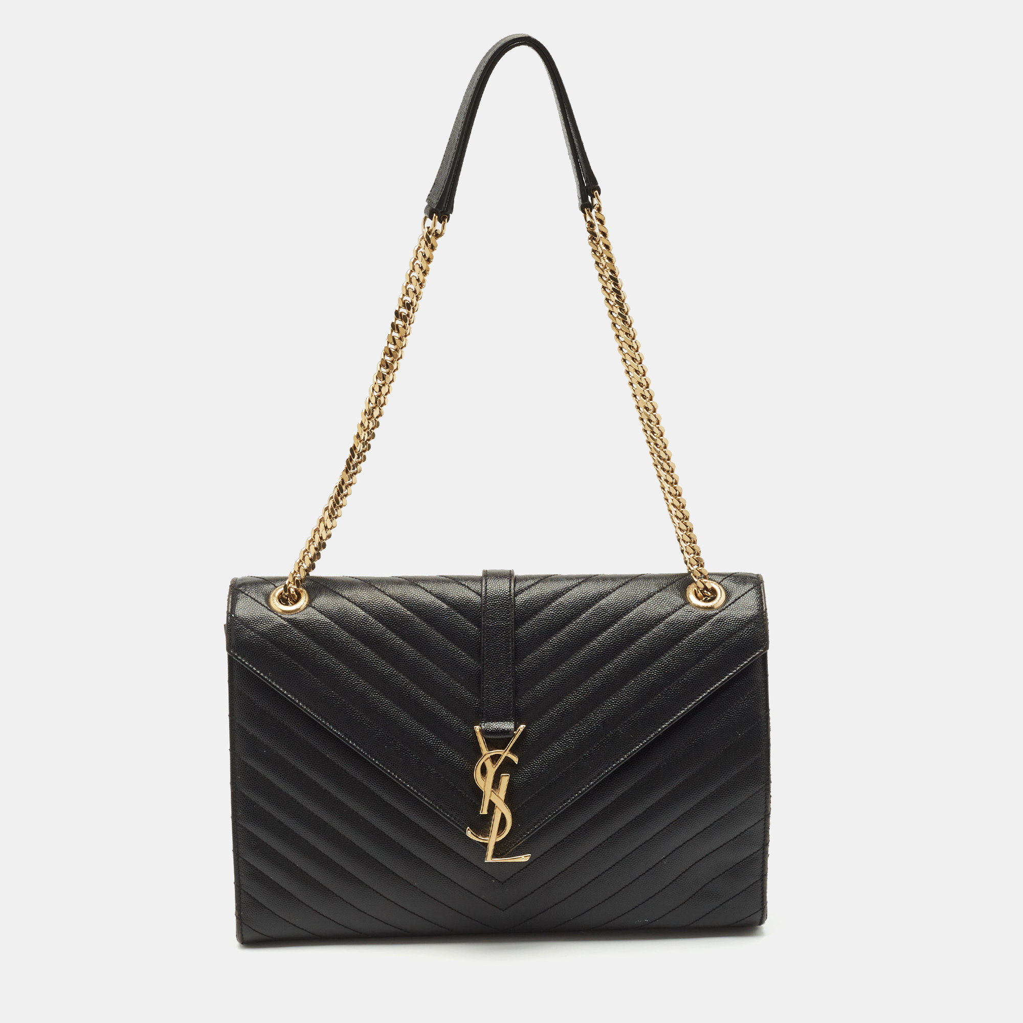 saint laurent black matelass&eacute; leather large monogram envelope shoulder bag